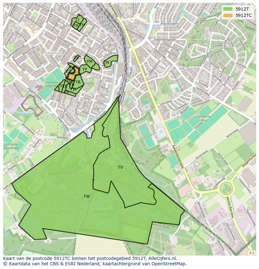 Afbeelding van het postcodegebied 5912 TC op de kaart.