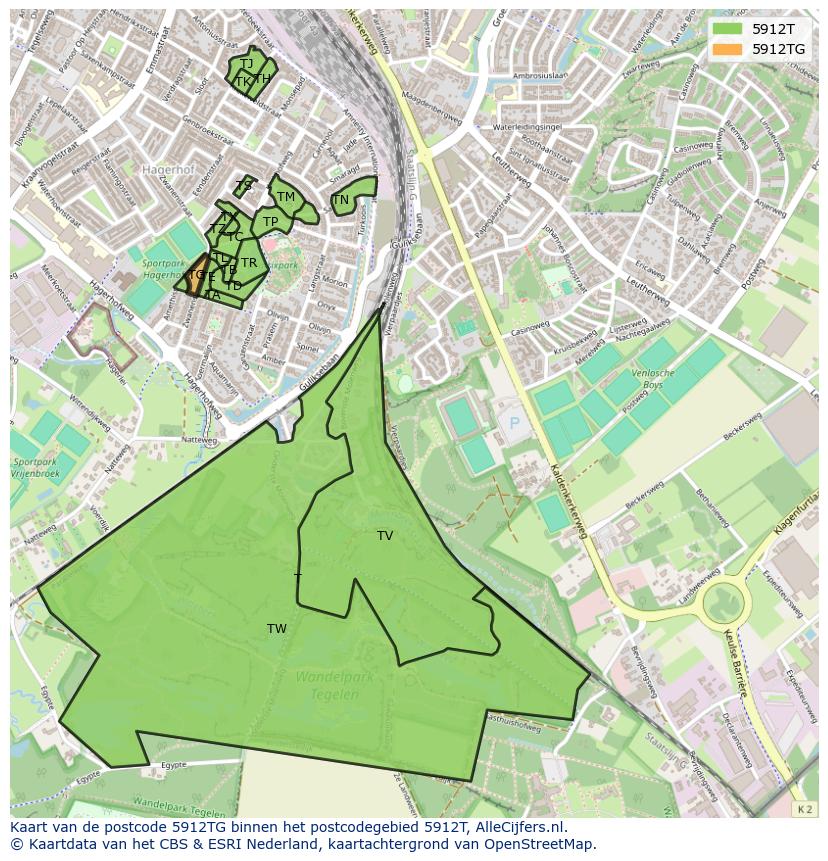 Afbeelding van het postcodegebied 5912 TG op de kaart.