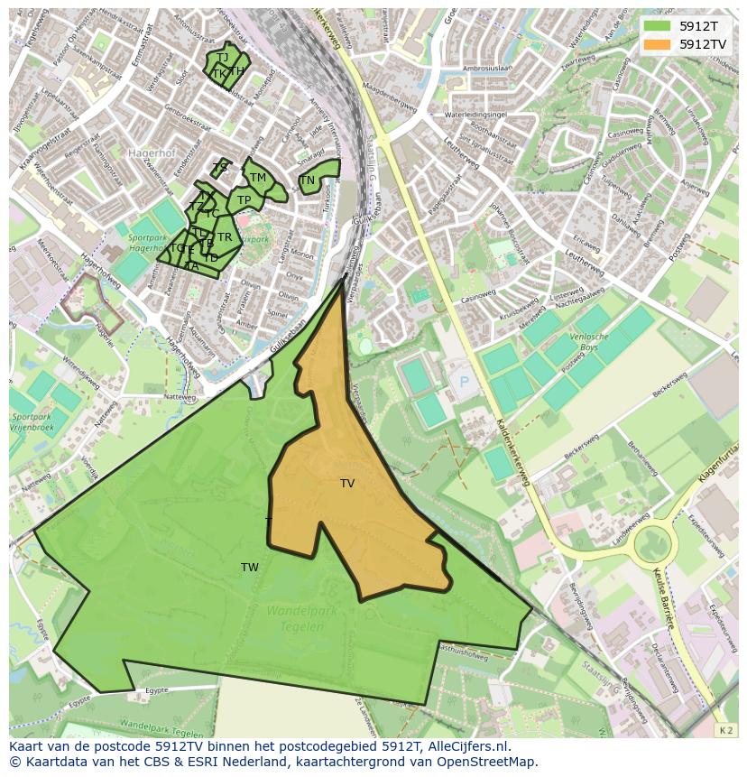 Afbeelding van het postcodegebied 5912 TV op de kaart.