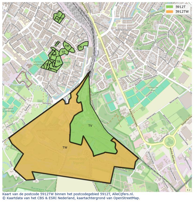 Afbeelding van het postcodegebied 5912 TW op de kaart.