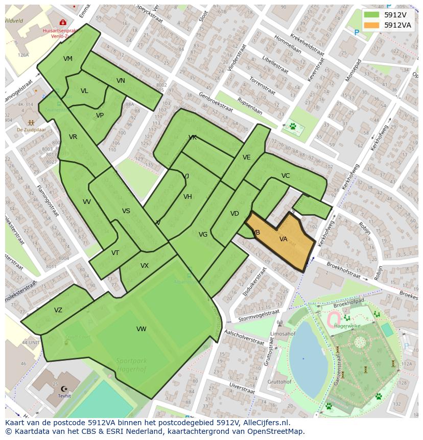 Afbeelding van het postcodegebied 5912 VA op de kaart.
