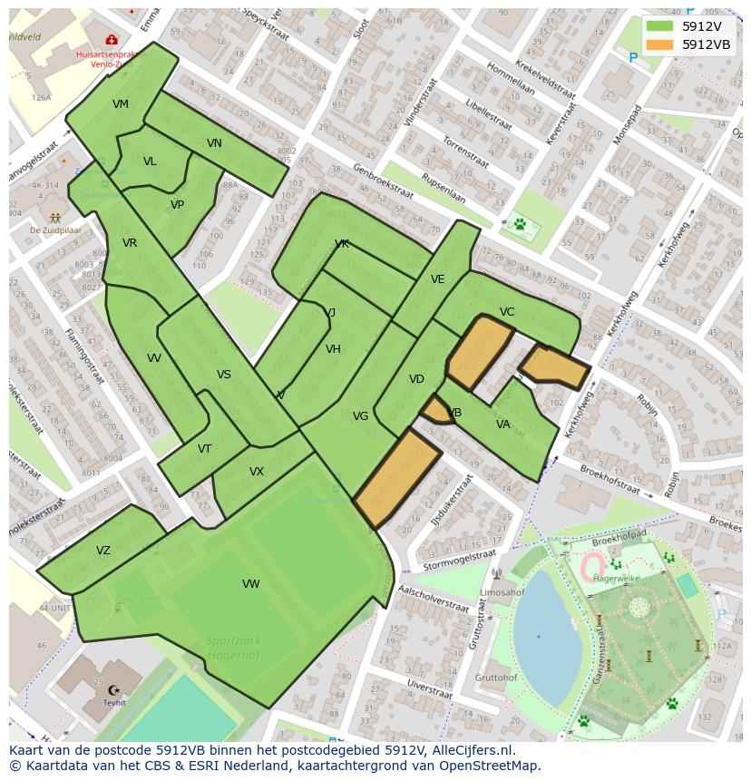 Afbeelding van het postcodegebied 5912 VB op de kaart.