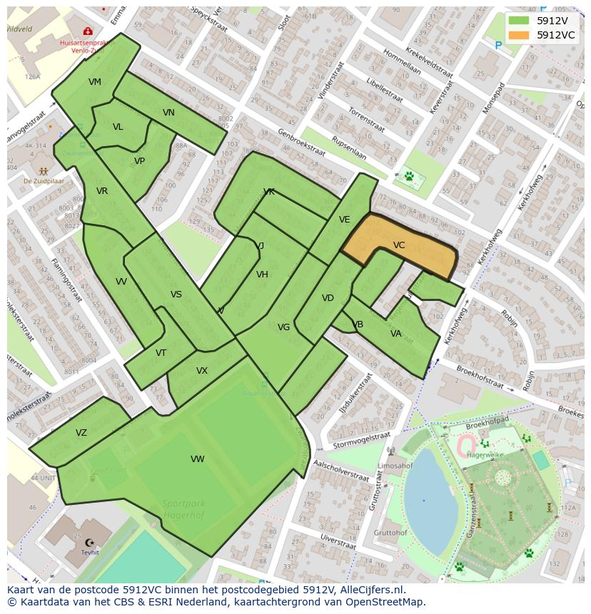 Afbeelding van het postcodegebied 5912 VC op de kaart.