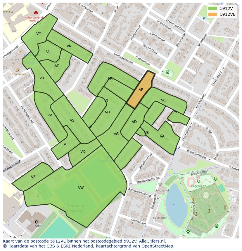 Afbeelding van het postcodegebied 5912 VE op de kaart.
