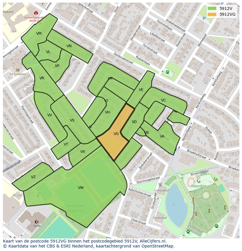 Afbeelding van het postcodegebied 5912 VG op de kaart.