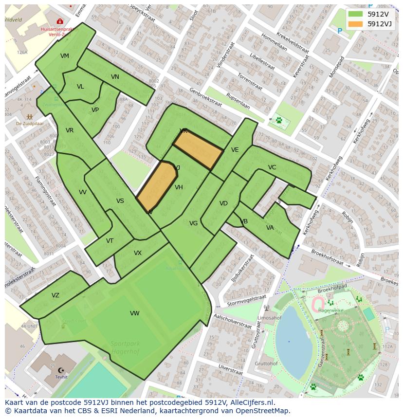 Afbeelding van het postcodegebied 5912 VJ op de kaart.