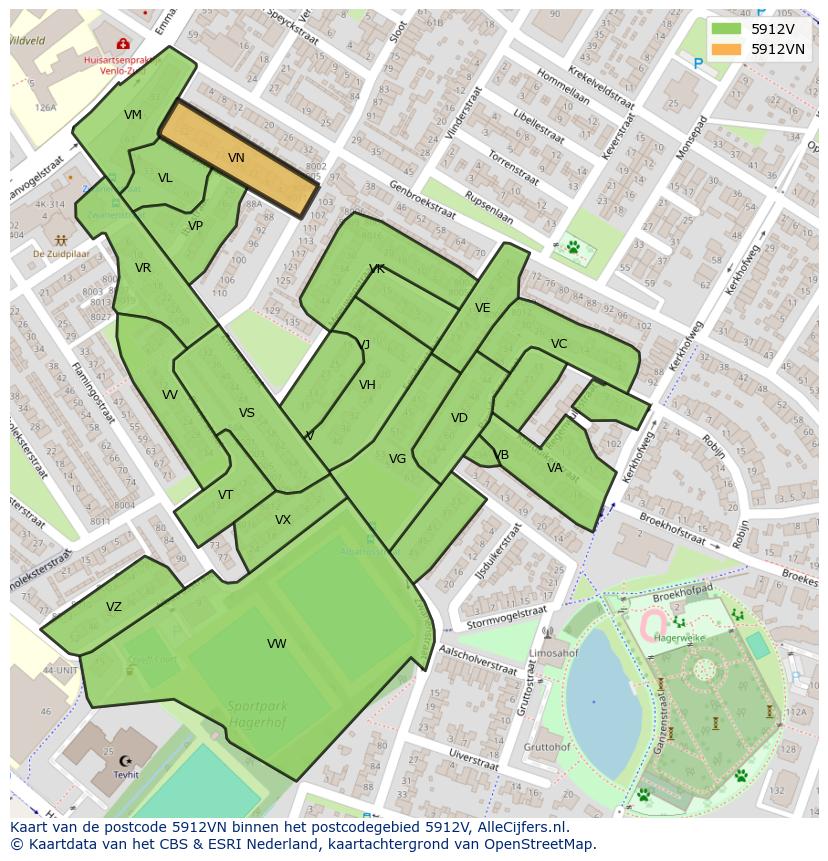 Afbeelding van het postcodegebied 5912 VN op de kaart.