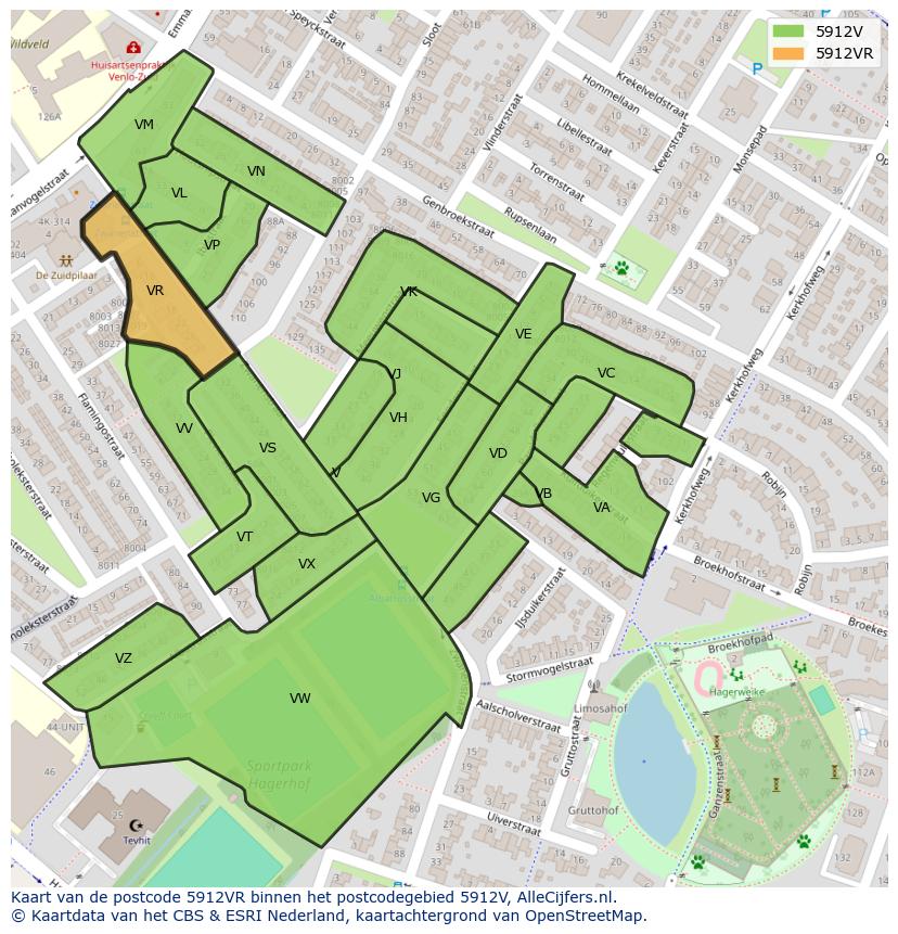 Afbeelding van het postcodegebied 5912 VR op de kaart.