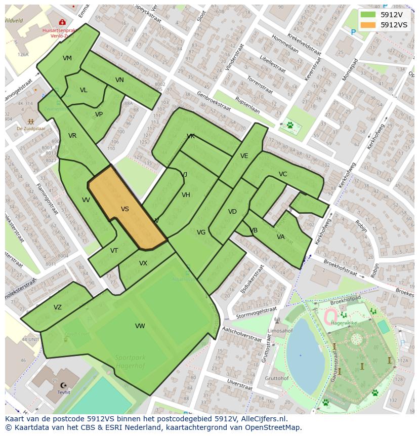 Afbeelding van het postcodegebied 5912 VS op de kaart.