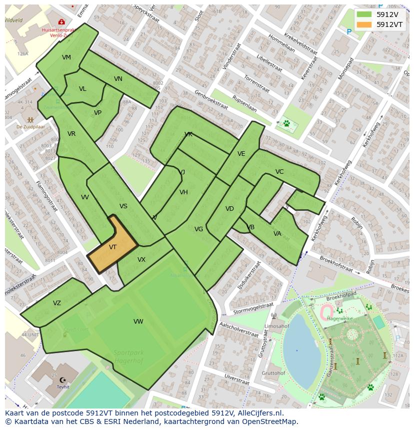 Afbeelding van het postcodegebied 5912 VT op de kaart.
