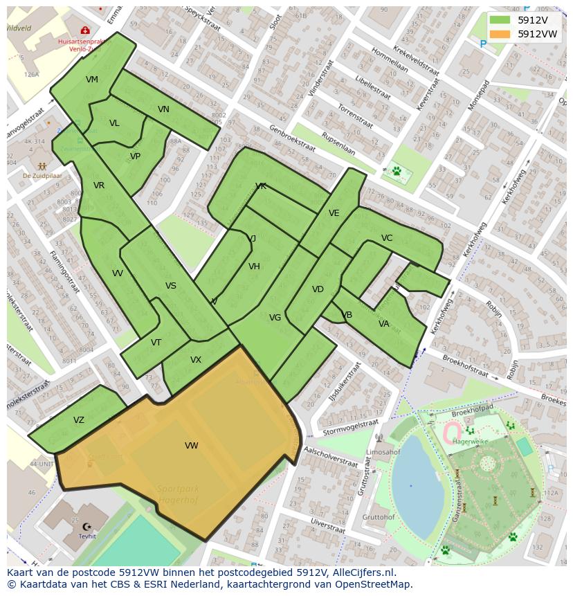 Afbeelding van het postcodegebied 5912 VW op de kaart.