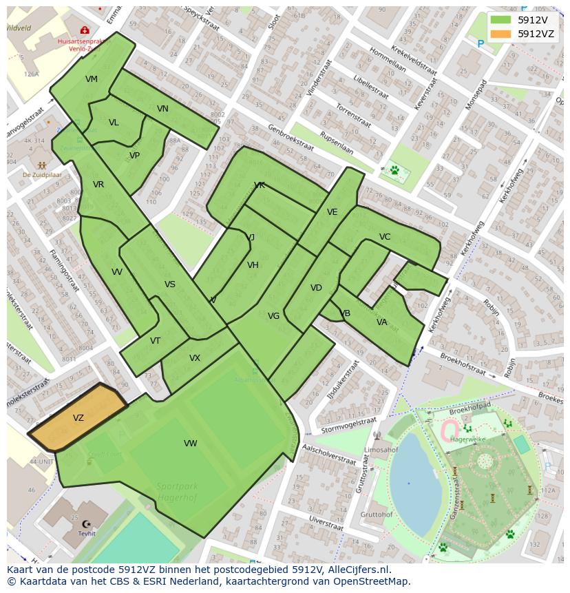 Afbeelding van het postcodegebied 5912 VZ op de kaart.