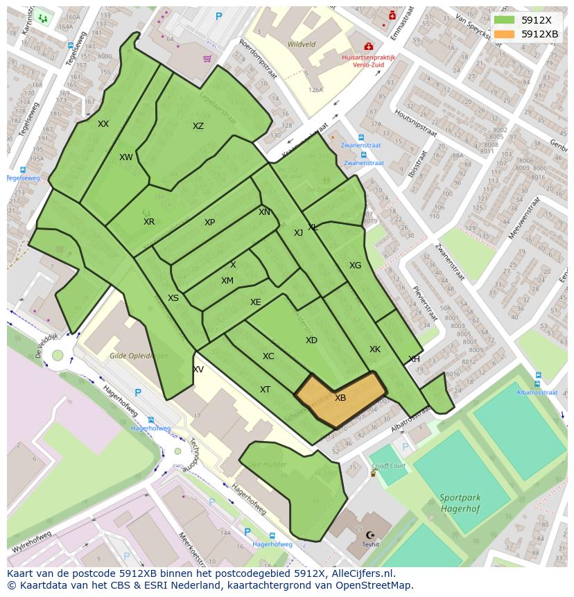 Afbeelding van het postcodegebied 5912 XB op de kaart.