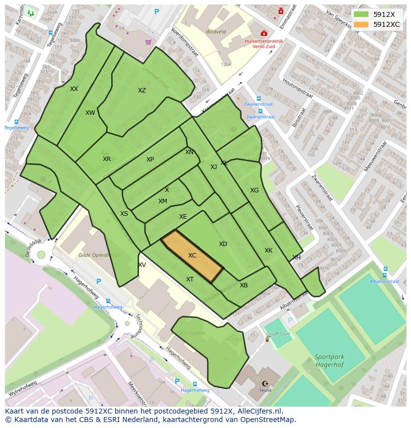 Afbeelding van het postcodegebied 5912 XC op de kaart.