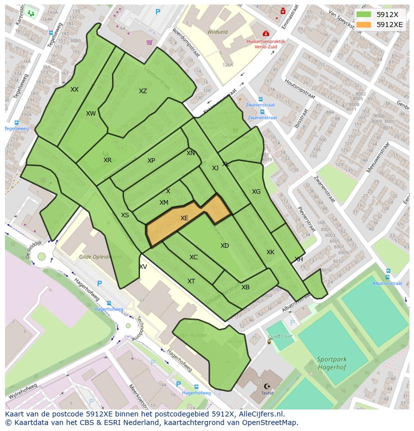 Afbeelding van het postcodegebied 5912 XE op de kaart.