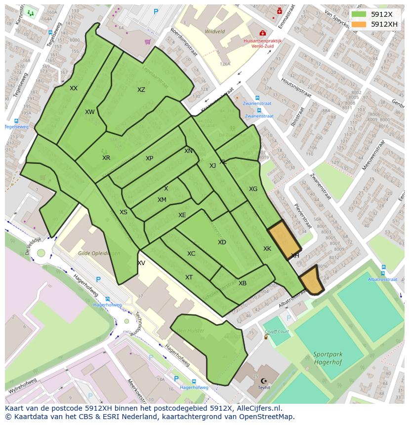 Afbeelding van het postcodegebied 5912 XH op de kaart.
