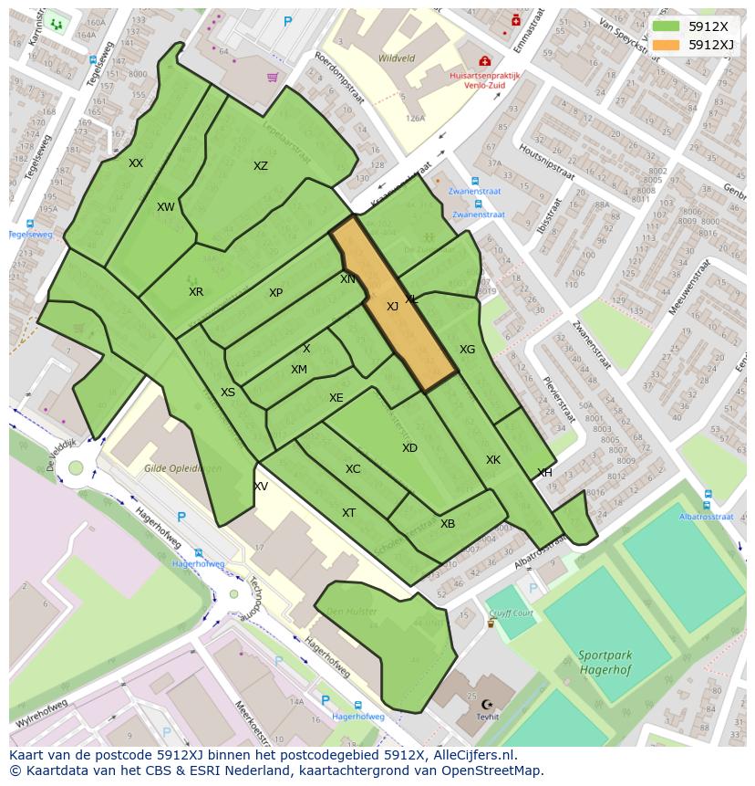Afbeelding van het postcodegebied 5912 XJ op de kaart.