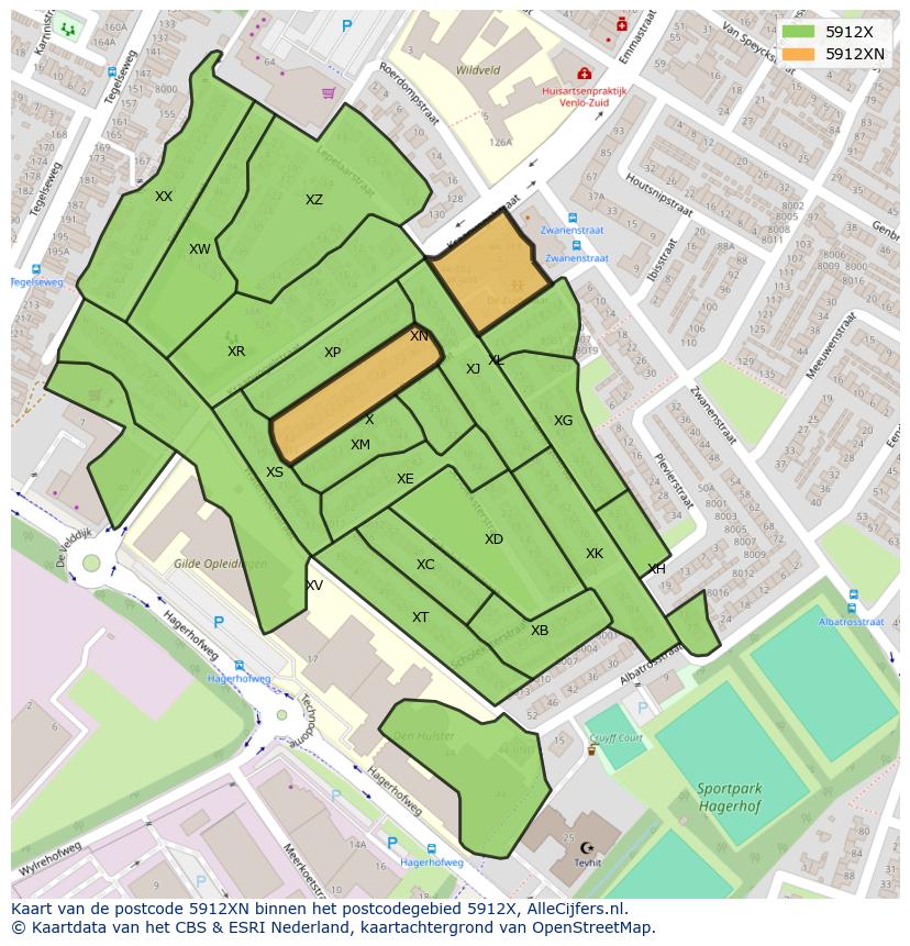 Afbeelding van het postcodegebied 5912 XN op de kaart.
