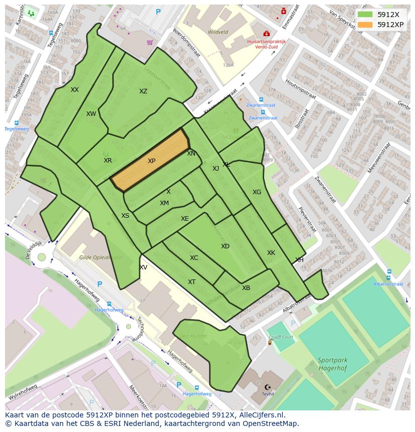 Afbeelding van het postcodegebied 5912 XP op de kaart.