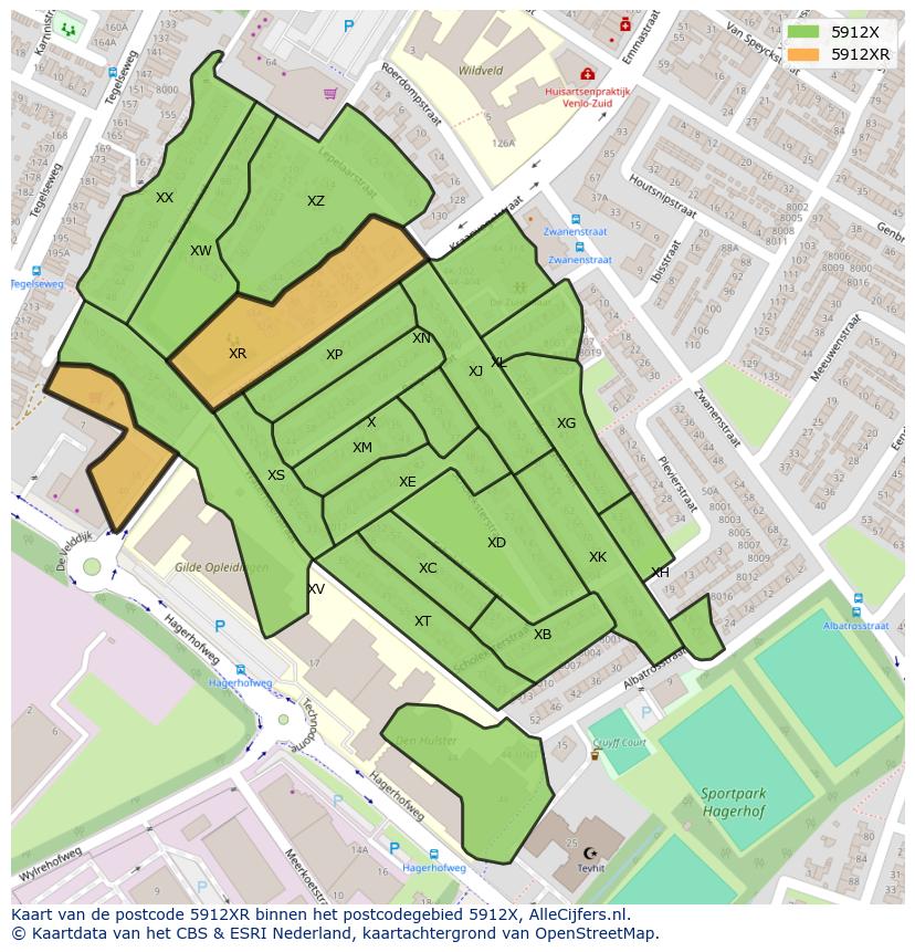 Afbeelding van het postcodegebied 5912 XR op de kaart.