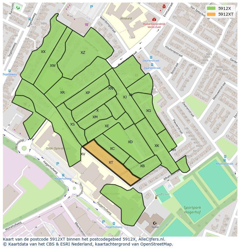 Afbeelding van het postcodegebied 5912 XT op de kaart.