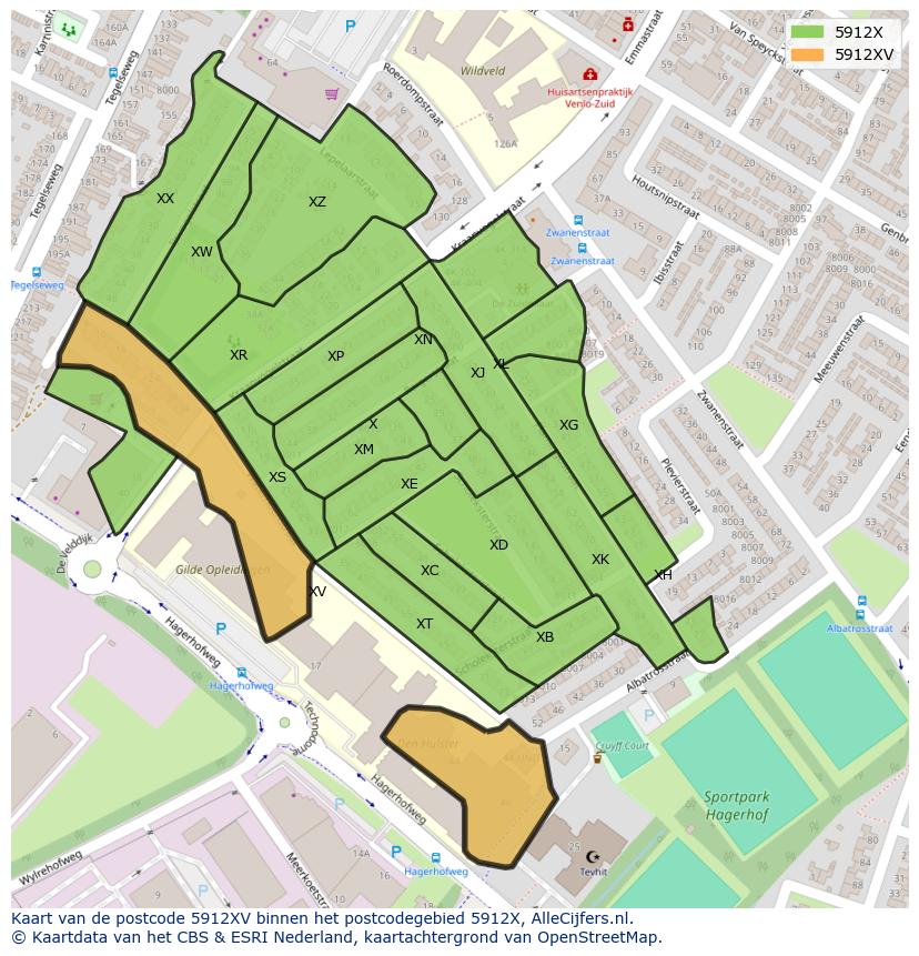 Afbeelding van het postcodegebied 5912 XV op de kaart.