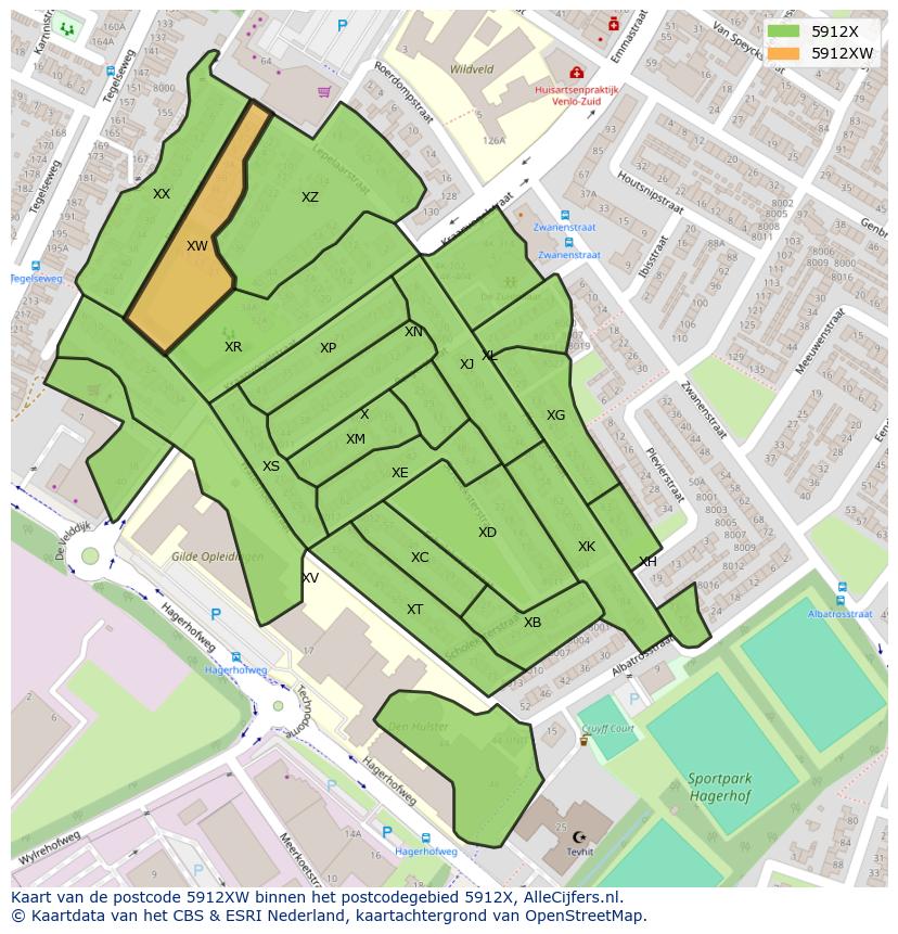Afbeelding van het postcodegebied 5912 XW op de kaart.