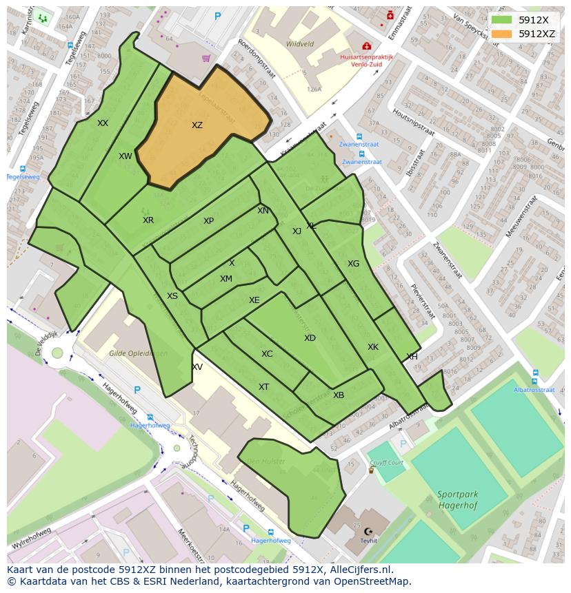 Afbeelding van het postcodegebied 5912 XZ op de kaart.