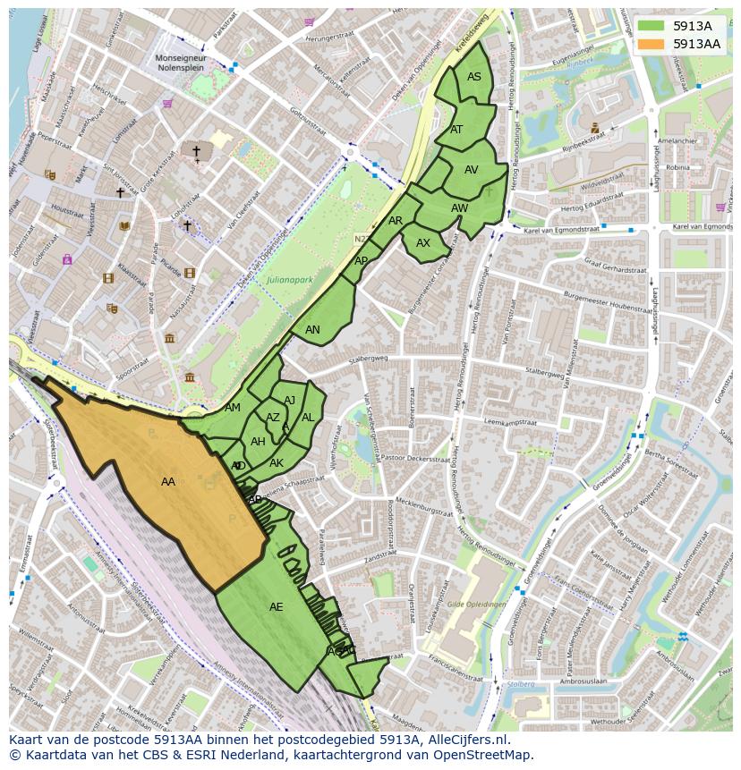 Afbeelding van het postcodegebied 5913 AA op de kaart.