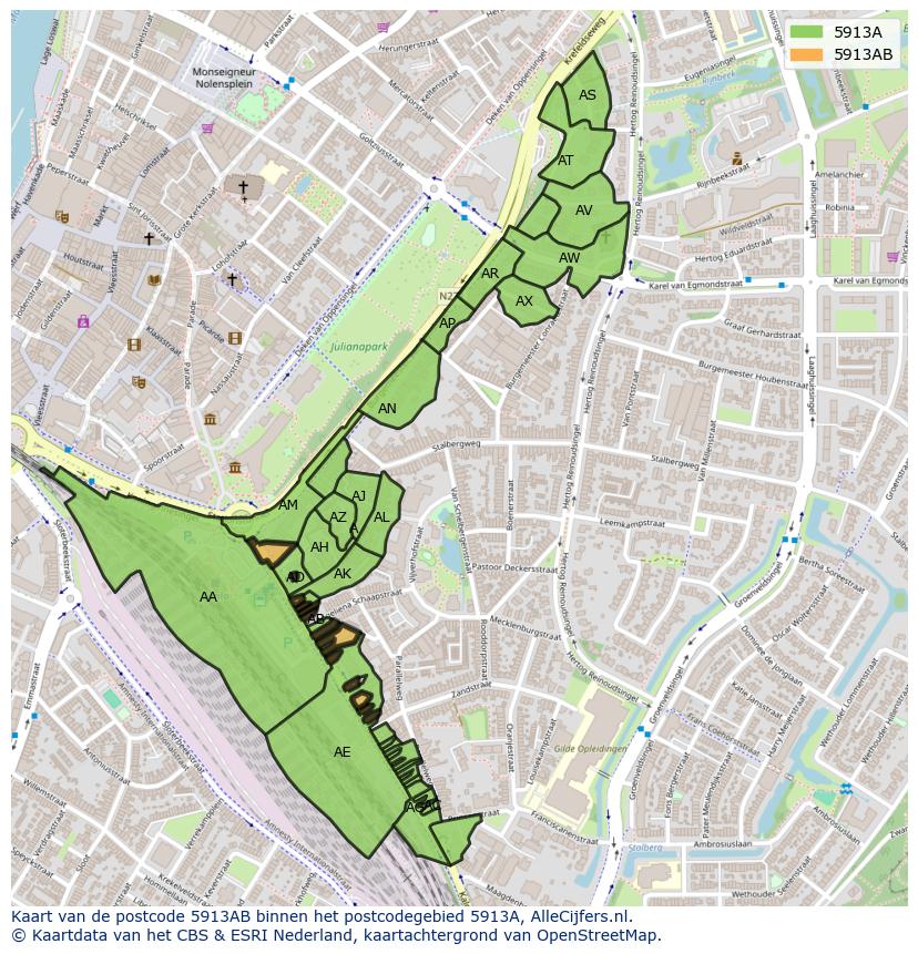 Afbeelding van het postcodegebied 5913 AB op de kaart.