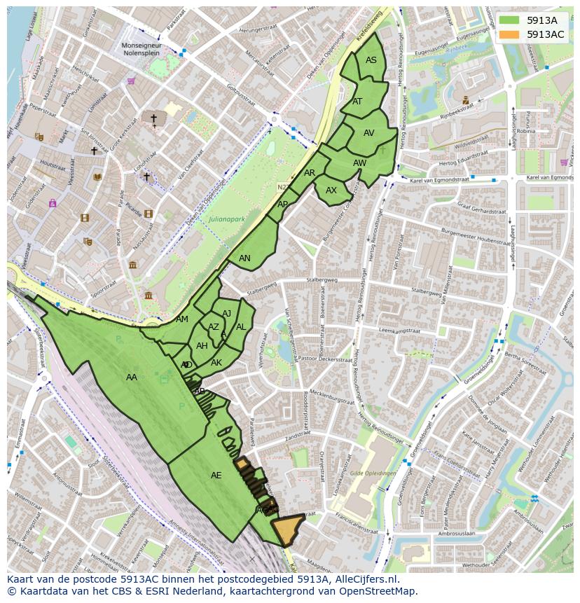 Afbeelding van het postcodegebied 5913 AC op de kaart.