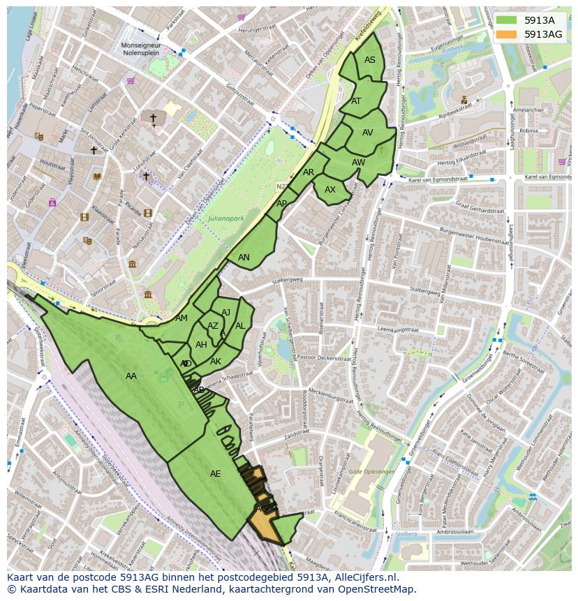 Afbeelding van het postcodegebied 5913 AG op de kaart.