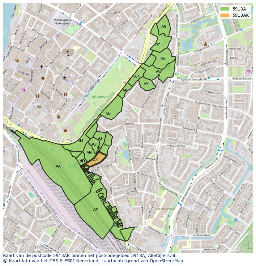 Afbeelding van het postcodegebied 5913 AK op de kaart.