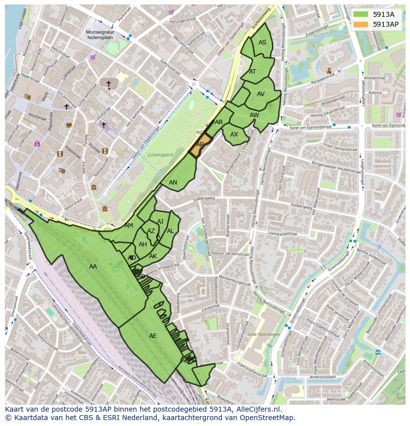 Afbeelding van het postcodegebied 5913 AP op de kaart.