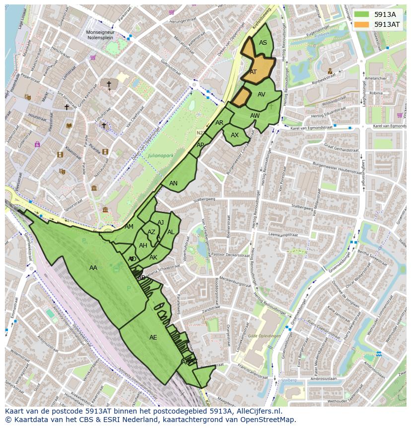 Afbeelding van het postcodegebied 5913 AT op de kaart.