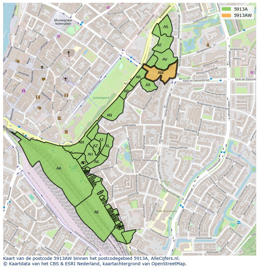 Afbeelding van het postcodegebied 5913 AW op de kaart.