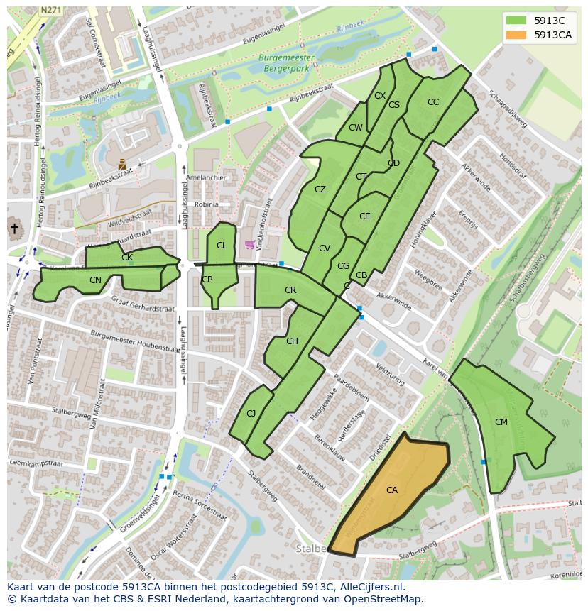 Afbeelding van het postcodegebied 5913 CA op de kaart.