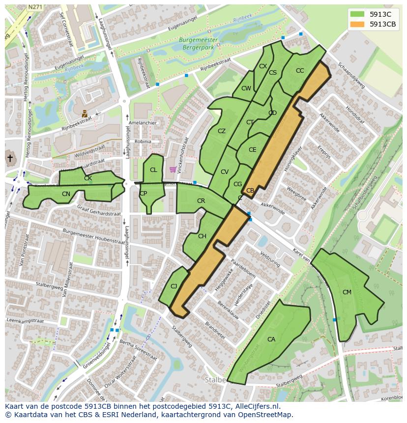 Afbeelding van het postcodegebied 5913 CB op de kaart.