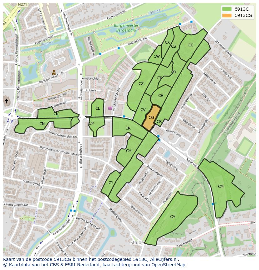 Afbeelding van het postcodegebied 5913 CG op de kaart.