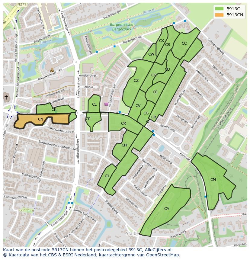 Afbeelding van het postcodegebied 5913 CN op de kaart.