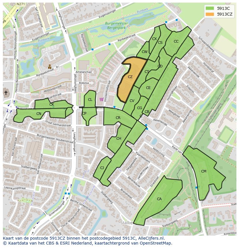 Afbeelding van het postcodegebied 5913 CZ op de kaart.