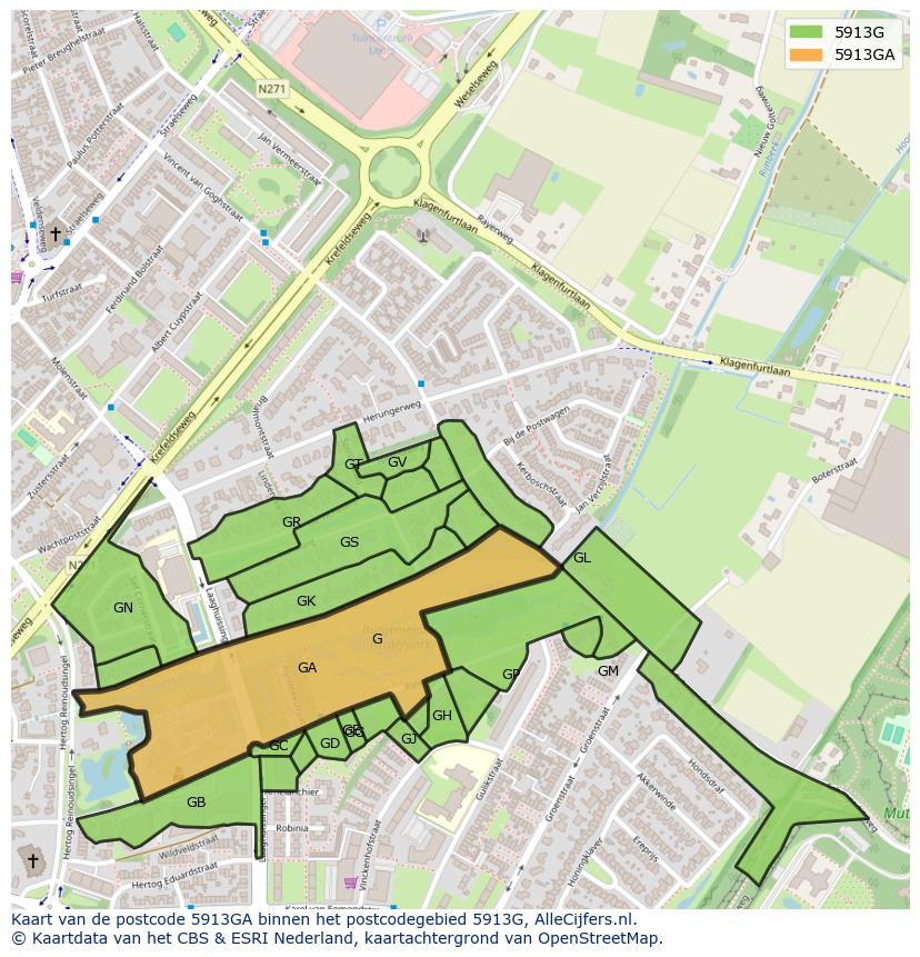 Afbeelding van het postcodegebied 5913 GA op de kaart.