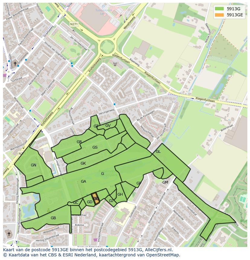 Afbeelding van het postcodegebied 5913 GE op de kaart.