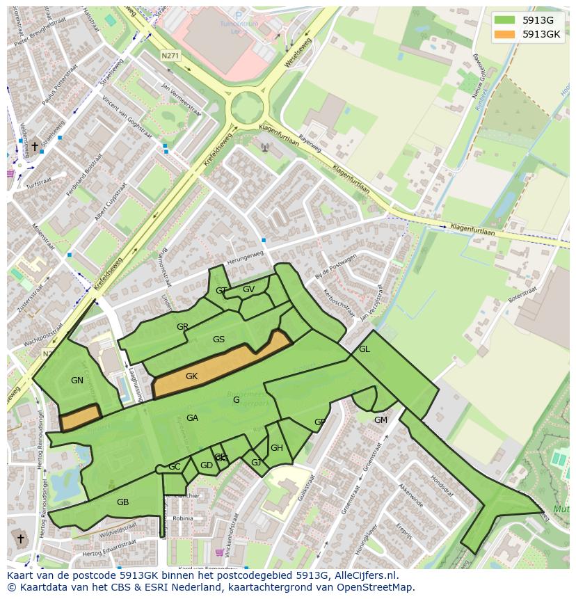 Afbeelding van het postcodegebied 5913 GK op de kaart.