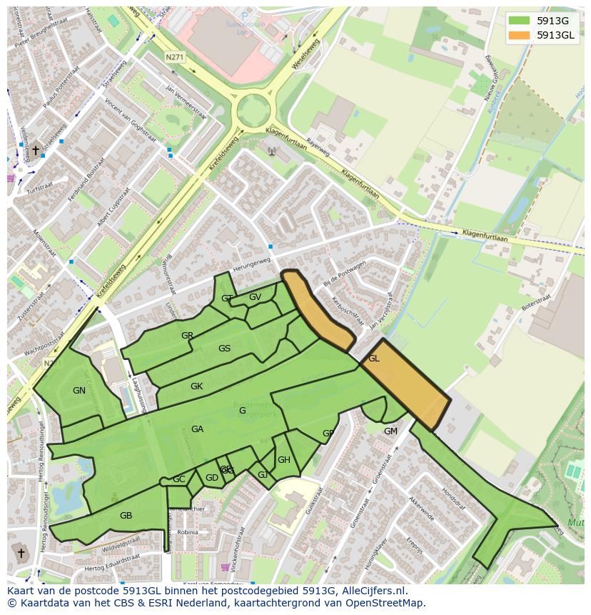 Afbeelding van het postcodegebied 5913 GL op de kaart.