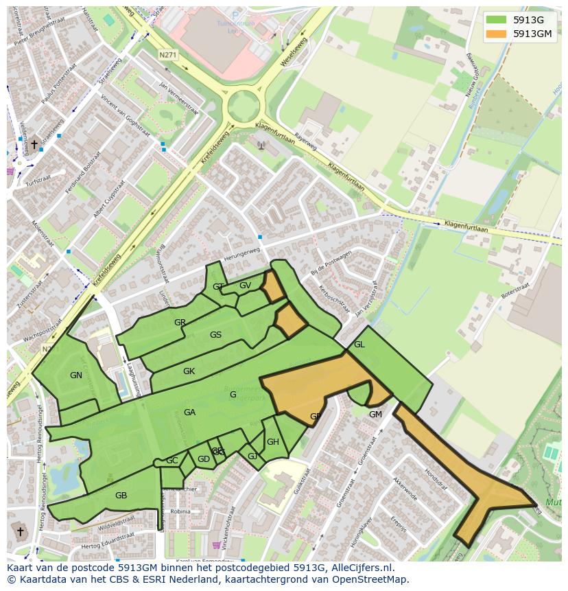 Afbeelding van het postcodegebied 5913 GM op de kaart.