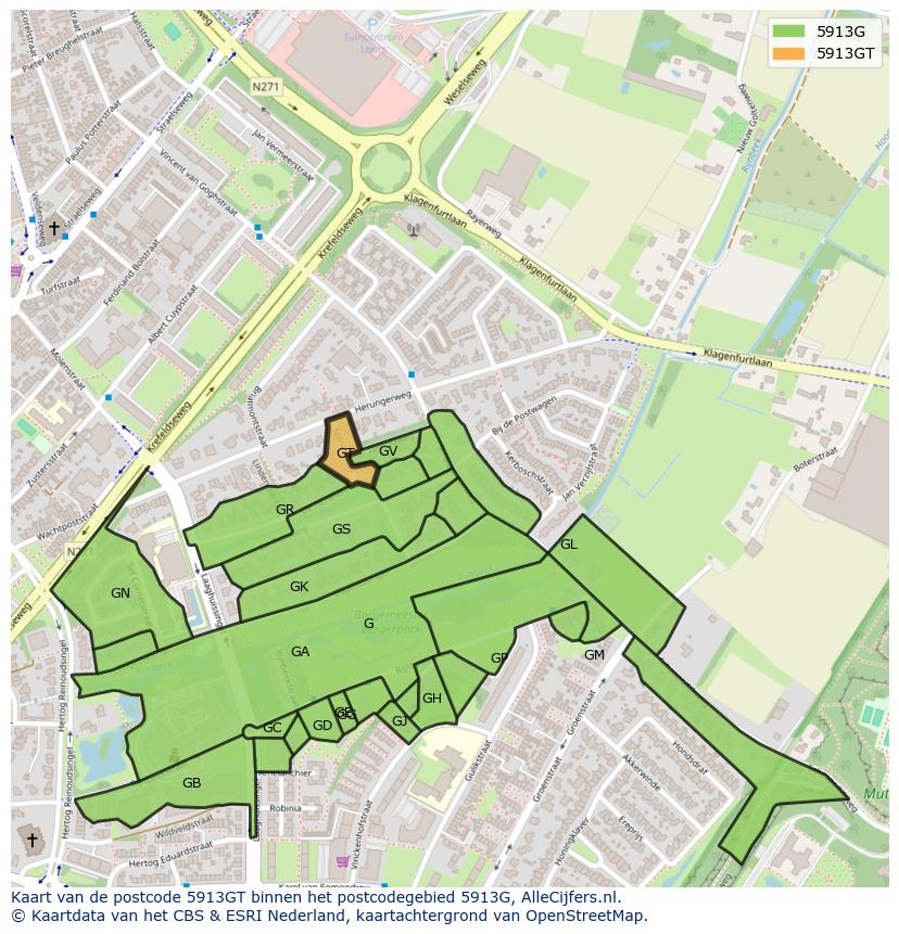 Afbeelding van het postcodegebied 5913 GT op de kaart.
