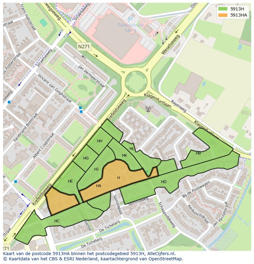 Afbeelding van het postcodegebied 5913 HA op de kaart.