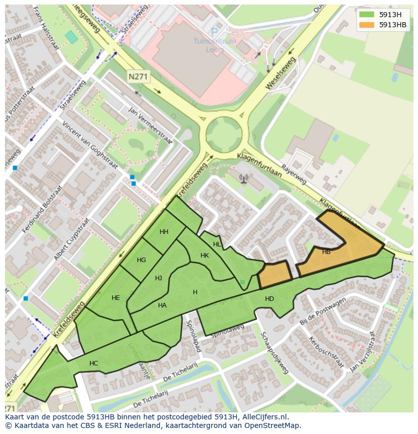 Afbeelding van het postcodegebied 5913 HB op de kaart.