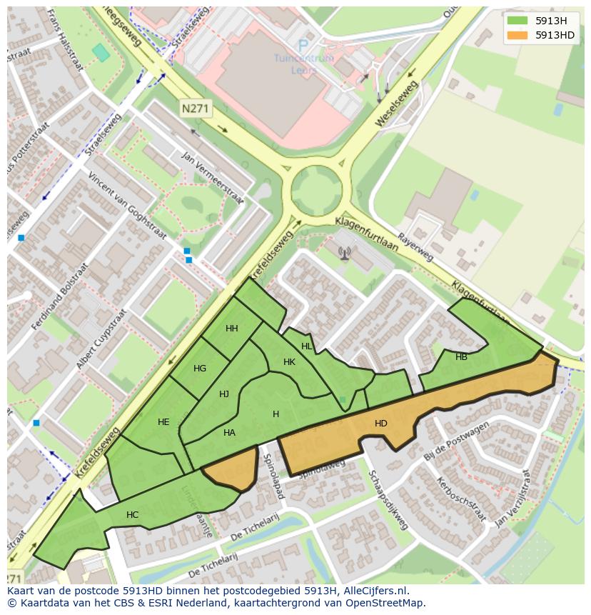 Afbeelding van het postcodegebied 5913 HD op de kaart.